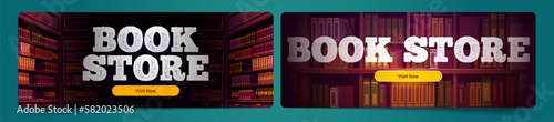 Book store cartoon web banners, online shop landing page templates with bookcases in dark room and grunge typography. Digital library archive, reading app or service for readers Vector illustration