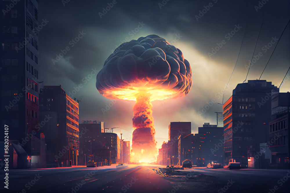 Catastrophic Nuclear Explosion in Modern Big City. Generative AI Stock ...