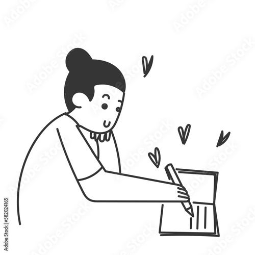 hand drawn girl writing diary or journal illustration