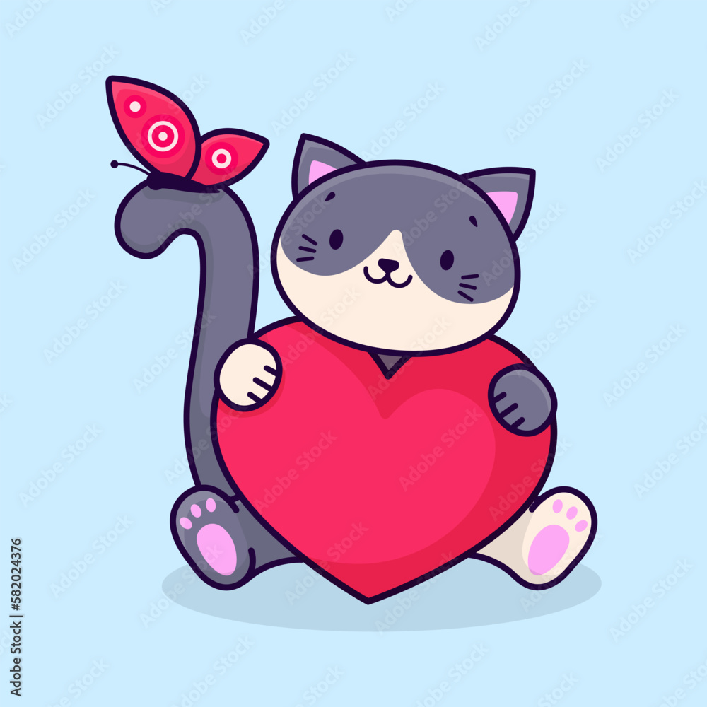 A cute cartoon gray cat holds a pink heart in its paws. Cat and butterfly. Vector illustration