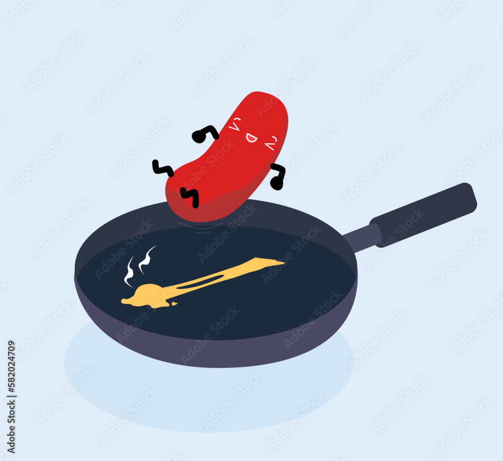 cute Sausage emojis in pan Vector flat illustration isolated on white