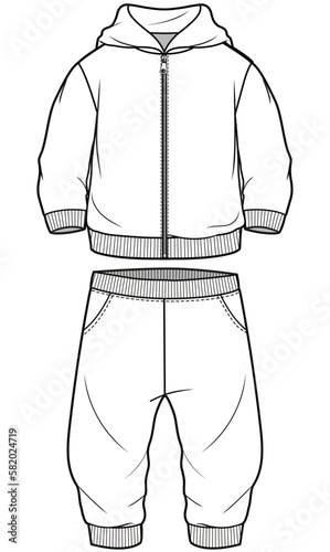 baby boys and girls unisex hoodie jacket and pant sweat set flat sketch vector illustration technical cad drawing template