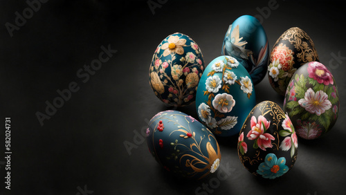 Painted Easter eggs with patterns and applications. Still life of beautiful Easter eggs decorated with love and craftsmanship. AI-generated illustration. Space for text.