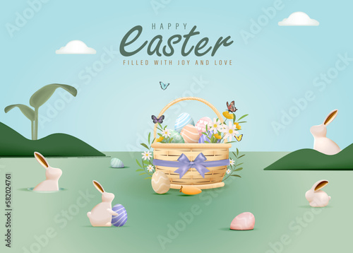 3D Realistic Easter Poster Design with Colorful Eggs and Rabbit Vector Illustration