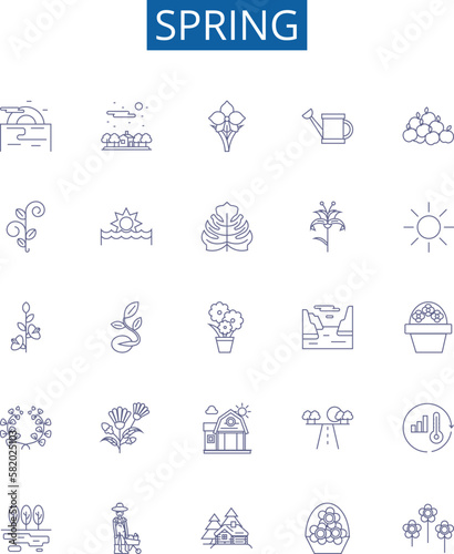 Spring line icons signs set. Design collection of Bloom, Vernal, Renewal, Thaw, Sun, Buds, Warmth, April outline concept vector illustrations