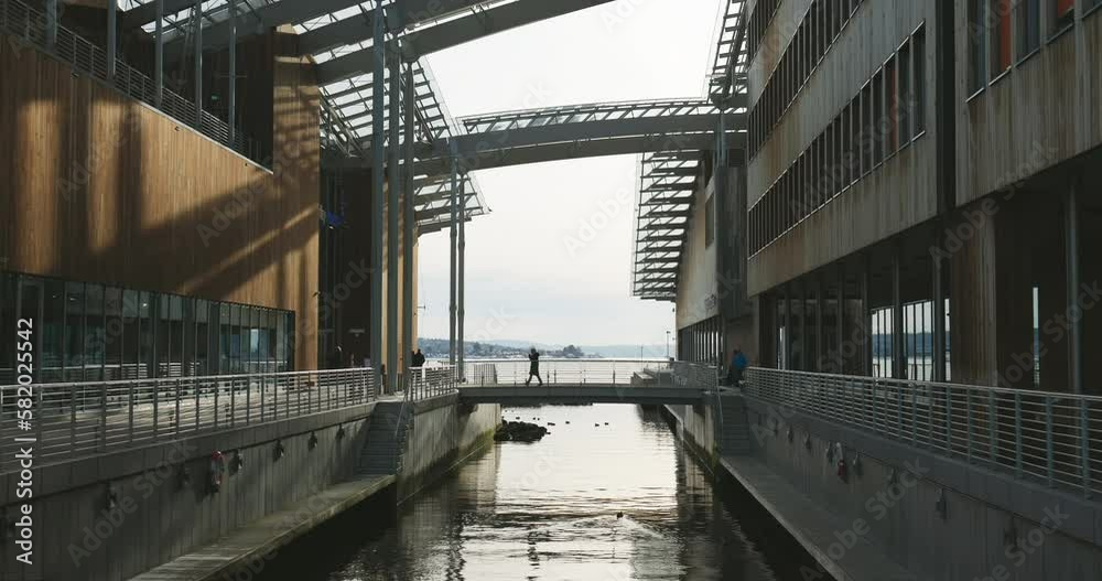 Silhouette of person walking on bridge to Astrup Fearnley art museum; slide Silhouette of person walking on bridge to Astrup Fearnley art museum; slide