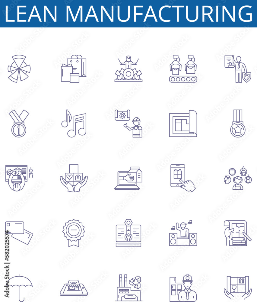 Lean manufacturing line icons signs set. Design collection of Six Sigma, Lean, Kaizen, JIT, TPS, Kanban, 5S, Visual Management outline concept vector illustrations