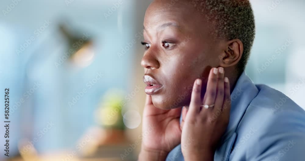 Headache, stress and black woman on computer in office while suffering anxiety, pressure or crisis. Burnout, migraine and frustrated lady annoyed by internet delay, 404 or glitch, deadline or mistake Headache, stress and black woman on computer in office while suffering anxiety, pressure or crisis. Burnout, migraine and frustrated lady annoyed by internet delay, 404 or glitch, deadline or mistake