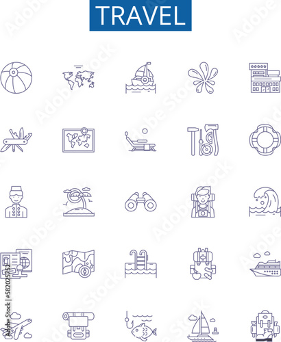 Travel line icons signs set. Design collection of Tour, Vacation, Trip, Journey, Explorer, Adventure, Backpacking, Hiking outline concept vector illustrations