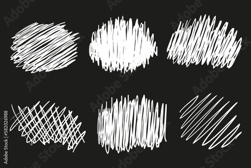 Hand drawn tangled shapes on black. Abstract backgrounds with array of lines. Stroke chaotic patterns. Black and white illustration. Sketchy elements for design