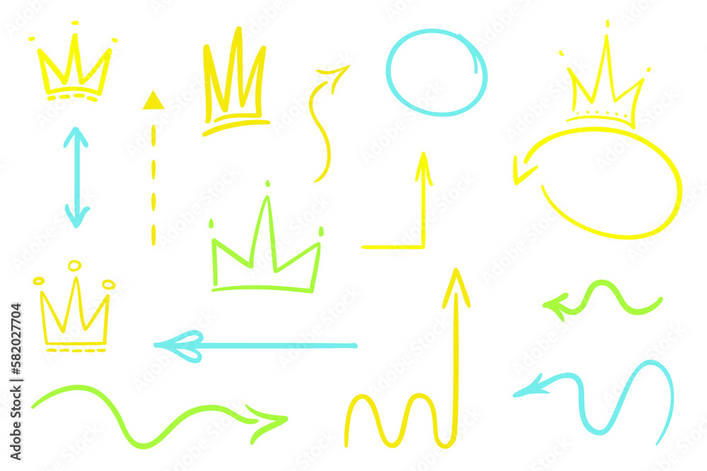 Hand drawn infographic elements on white. Abstract multicolored arrows and crowns. Line art. Colorful illustration. Doodles for artwork Hand drawn infographic elements on white. Abstract multicolored arrows and crowns. Line art. Colorful illustration. Doodles for artwork
