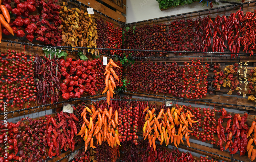 Different kinds of dry peppers prepared for sale