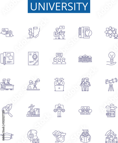University line icons signs set. Design collection of College, Institute, Education, Academia, Campus, Higher, Alumni, Study outline concept vector illustrations