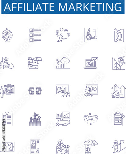Affiliate marketing line icons signs set. Design collection of Affiliate, Marketing, Advertising, Promotion, Commission, Revenue, Network, Online outline concept vector illustrations