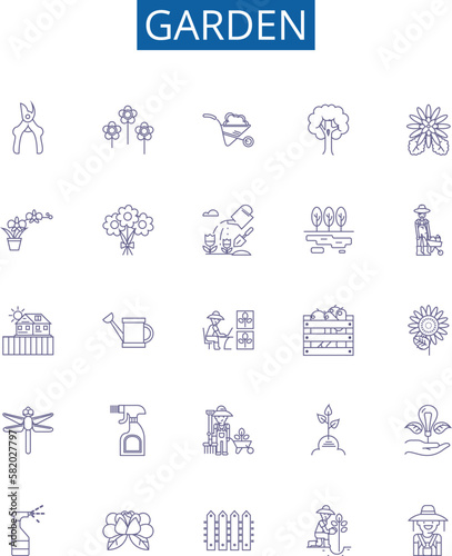 Garden line icons signs set. Design collection of Yard, Vegetable, Lawn, Greenery, Trees, Flowers, Shrubs, Plants outline concept vector illustrations