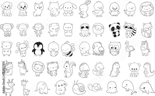 Woodland Animals Bundle Coloring Forest , Head Animal, Big collection of decorative for kids,baby characters, card,hand drawn, cartoon style.vector illustration
