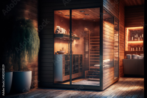 Home wooden sauna, spa room. Generative AI.