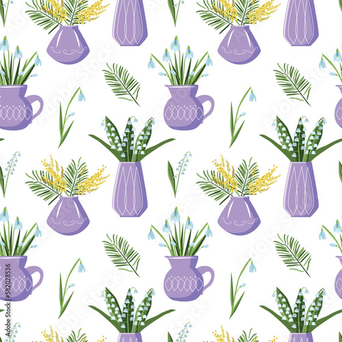 Seamless pattern of bouquets of spring flowers in a vase on a white background. Vector illustration for decoration, postcards, print