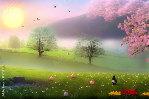 Easter morning with chickens and beautiful scenery. Generative AI