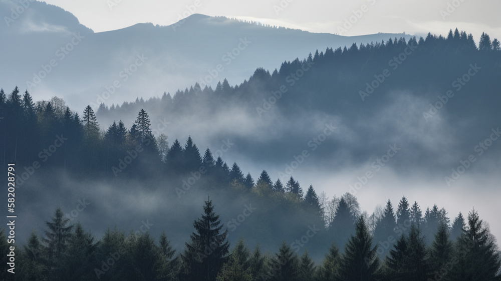 Misty Mountains and Fir Forest in fog
