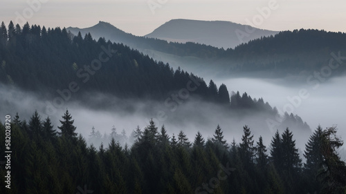 Misty mountains with fir forest in fog, foggy trees in morning light © Ployker