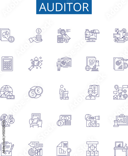 Auditor line icons signs set. Design collection of Auditor, Assessor, Examiner, Inspector, Analyzer, Reviewer, Checker, Evaluator outline concept vector illustrations