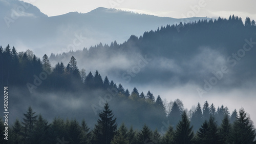 Misty Mountains and Fir Forest in fog © Ployker