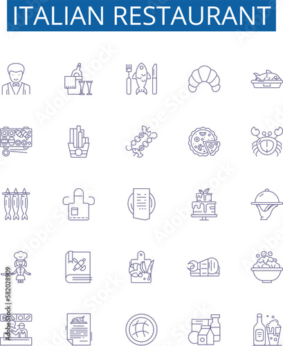 Italian restaurant line icons signs set. Design collection of Italian, restaurant, cuisine, pasta, pizza, bread, garlic, basil outline concept vector illustrations