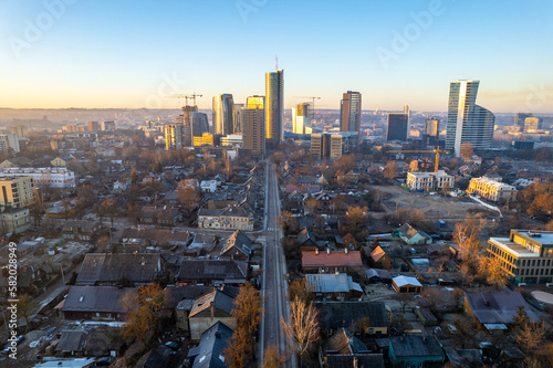 Aerial beautiful spring morning view of Snipiskes district, Vilnius, Lithuania