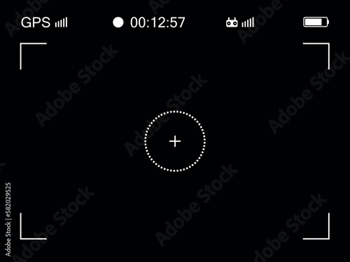 Copter frame viewfinder screen.Modern focusing digital display with GPS. Vector illustration at black background