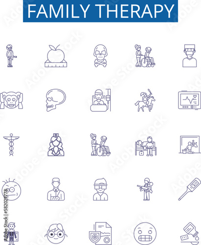Family therapy line icons signs set. Design collection of family, therapy, counselling, parent child, spouses, marriage, communication, mental outline concept vector illustrations