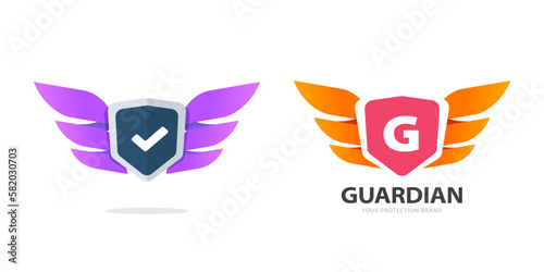 Logo g letter guardian shield with wings vector icon, angel defense secure strong power modern design graphic mascot, protection badge logotype image set clipart, abstract hawk emblem crest image