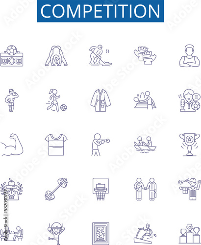 Competition line icons signs set. Design collection of Contest, Race, Duel, Clash, Struggle, Vying, Pit, Trial outline concept vector illustrations