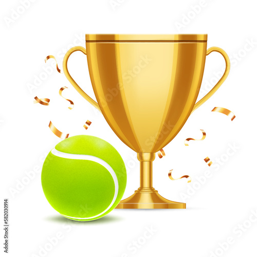 Golden champion cup with tennis ball. EPS10 vector
