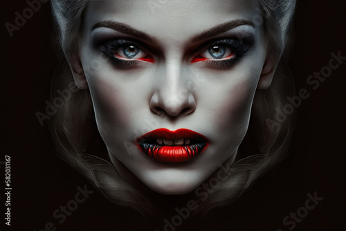 portrait of woman vampire monster with fangs. Generative AI illustration