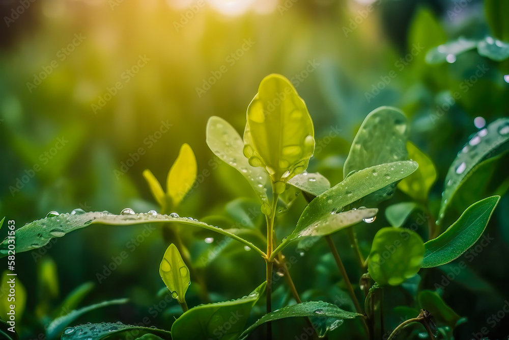 Beautiful plants with dew drops in nature on rainy morning in garden, selective focus. Image in green tones. Spring summer natural background Beautiful plants with dew drops in nature on rainy morning in garden, selective focus. Image in green tones. Spring summer natural background