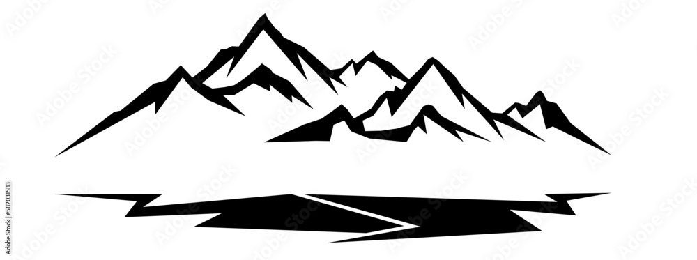 Fototapeta premium Black silhouette of mountains peak rock and fir trees camping adventure outdoor landscape panorama illustration icon vector for logo, isolated on white background 