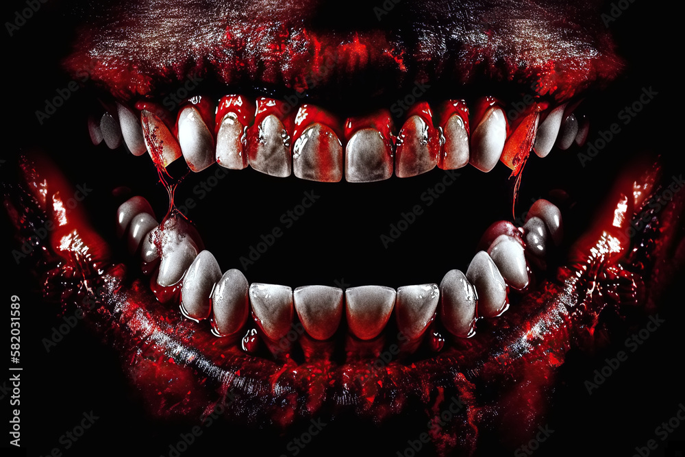 open mouth with bloody lips of vampire with fangs in blood. Generative AI illustration - obrazy, fototapety, plakaty 