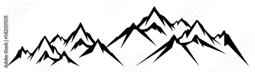 Black silhouette of mountains peak rock landscape banner panorama illustration adventure outdoor travel icon vector for logo, isolated on white background