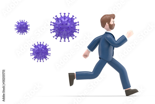 3D illustration of running bearded american bubearded american businessman Bob in panic is running away from the virus. Coronavirus crisis, covid-19 pandemic concept.3D rendering on white background.
