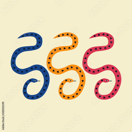 Tropical colorful snakes hand drawn vector illustration. Isolated mangrove serpents in flat style for logo, icon or poster.