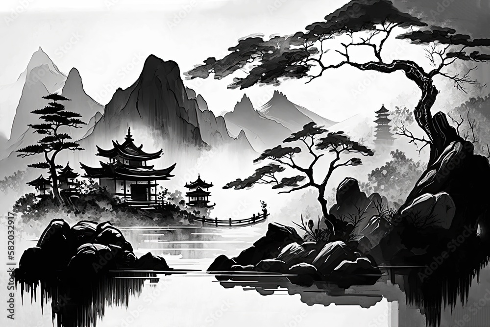 Chinese ink landscape painting created digitally,Chinese