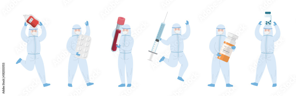 Team of paramedics or doctors with isolation gowns, medical supplies with medicines and syringes - obrazy, fototapety, plakaty 