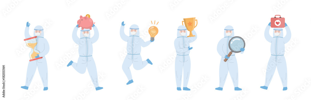 Paramedic or doctor with gown, hourglass with piggy bank with magnifying glass with light bulb and trophy Paramedic or doctor with gown, hourglass with piggy bank with magnifying glass with light bulb and trophy
