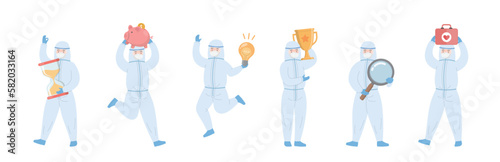 Paramedic or doctor with gown, hourglass with piggy bank with magnifying glass with light bulb and trophy