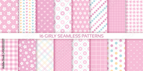 Pink backgrounds. Scrapbook seamless pattern. Set baby girl prints. Baby shower packing paper with polka dot, flowers, hearts and plaid. Cute pastel textures for scrap design. Vector illustration
