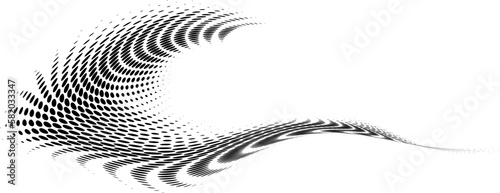 Round halftone polka dot fringing with fluttering dotted radial beams and writhing right tail. For logos, goods. Vector.
