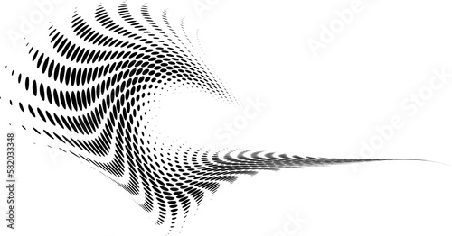 Halftone dotted border with a radial polka-dot tousled tuft on the left and a sharp quill or beak on the right. Vector. For logos, trademarks, emblems. Space for copy text. 