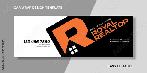 simple wrapping car with letter R house for your brand or company, van truck with orange and black colour