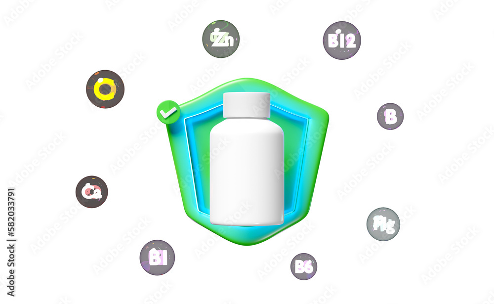 3d white pill bottle, protect your health with multivitamins, checkmark, shield icon, The vitamins your body needs isolated. 3d render illustration 3d white pill bottle, protect your health with multivitamins, checkmark, shield icon, The vitamins your body needs isolated. 3d render illustration